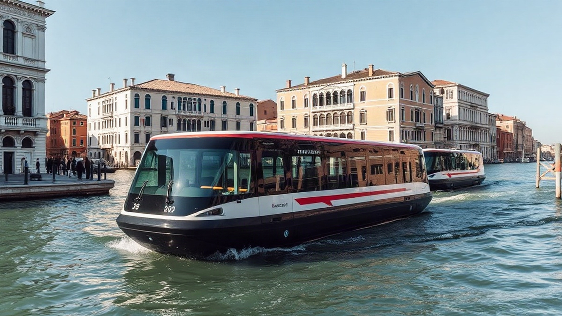 Editorial illustration of Venice's electric water buses in action, evoking a sense of progress and sustainability.