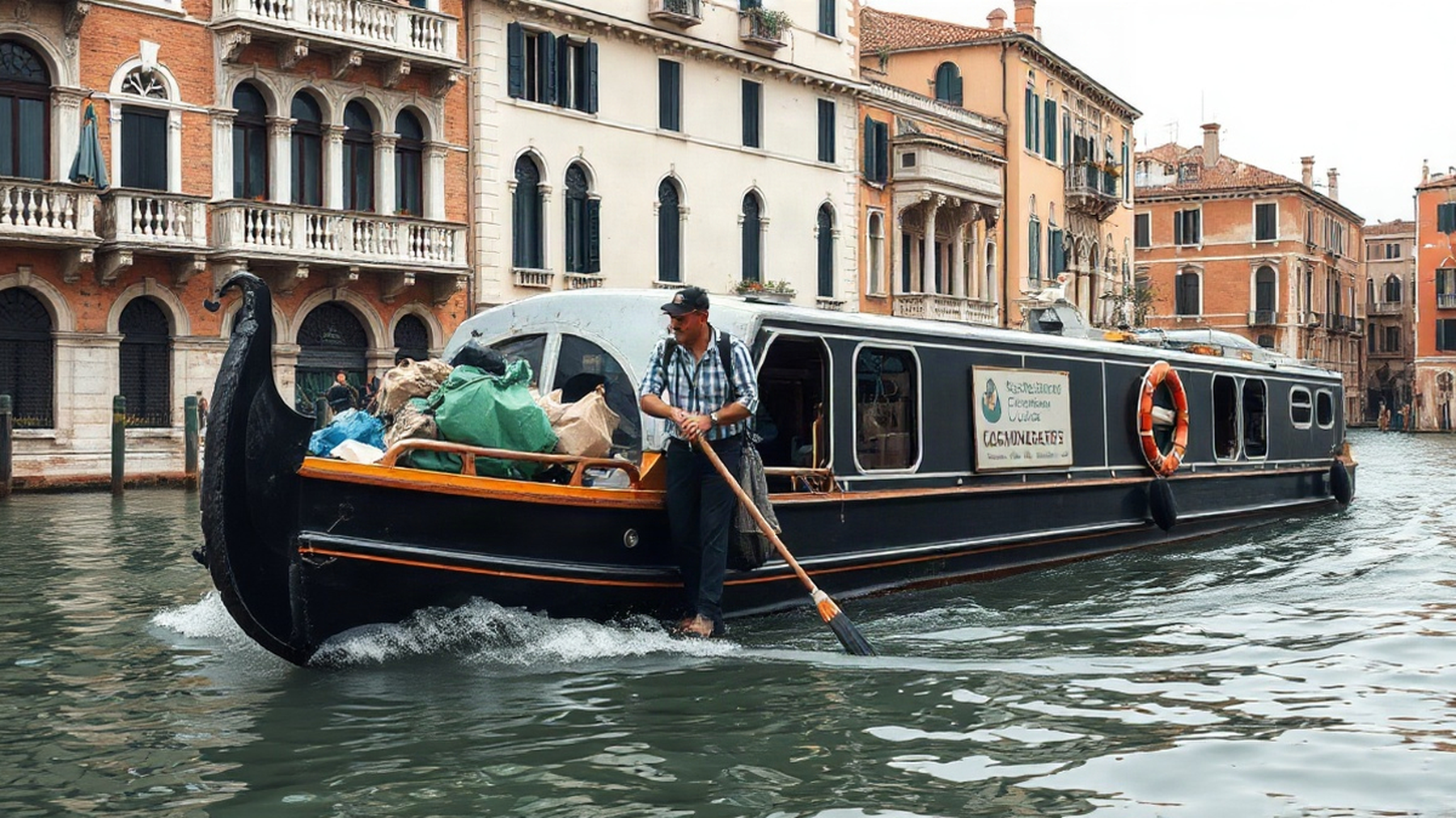 Editorial illustration of a garbage boat in a Venetian canal, evoking Venice's commitment to sustainable waste management.
