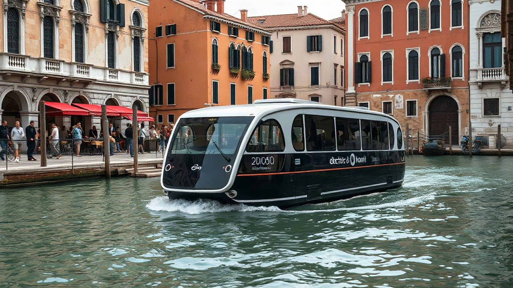 Editorial illustration of an electric water bus in Venice, evoking a harmonious blend of historic architecture and modern eco-friendly transport.
