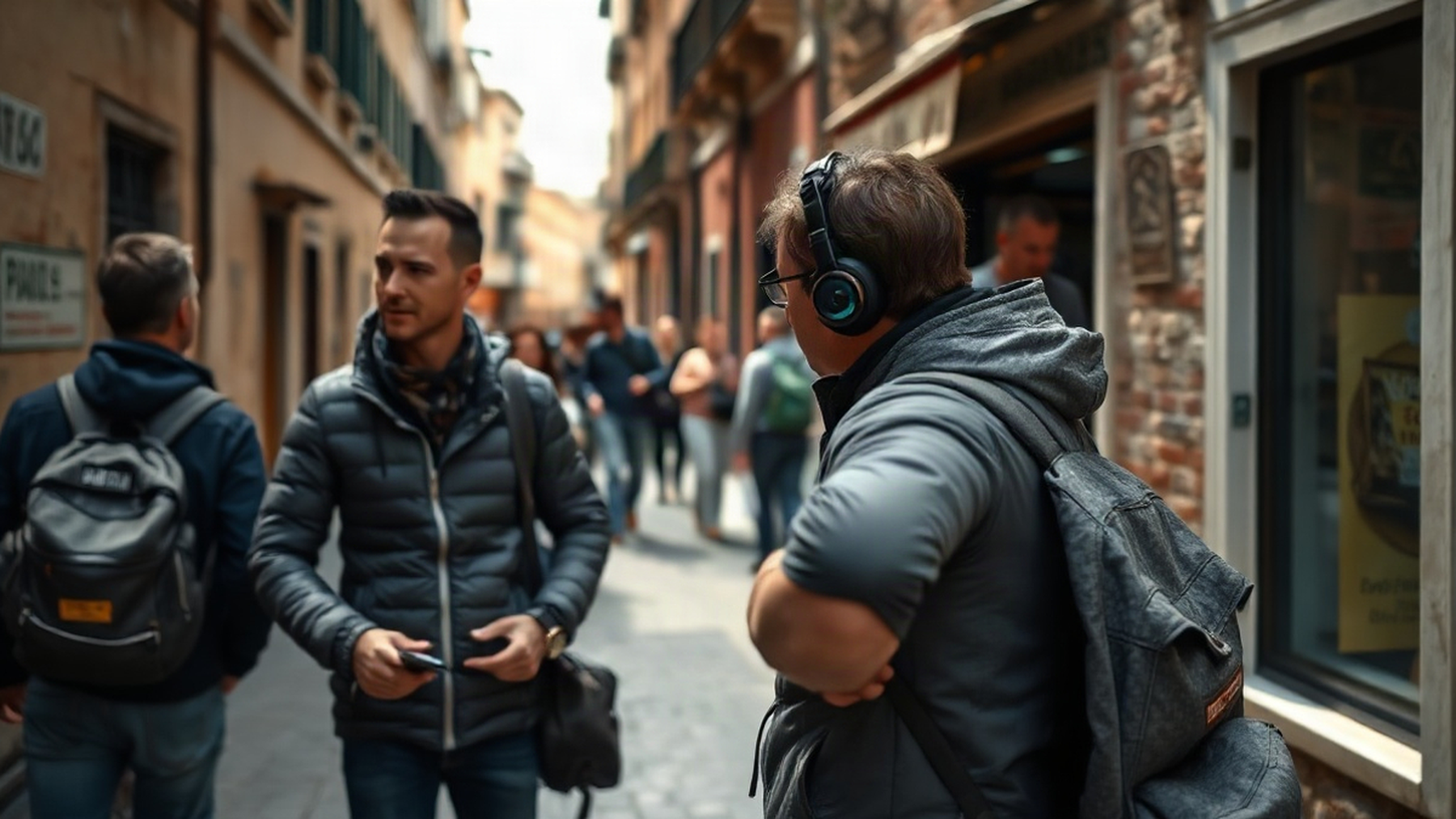 Editorial illustration of a bustling Venetian street highlighting tourism, evoking the impact of new noise regulations.
