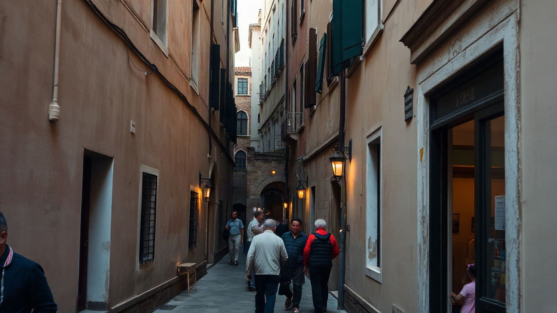 Editorial illustration of a tranquil Venetian street, evoking a sense of managed tourism.