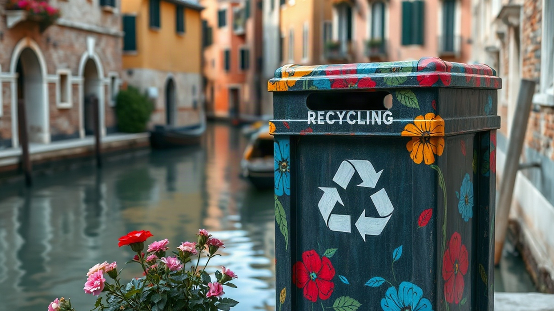 Editorial illustration of an artist-designed recycling bin in a Venetian canal, evoking a blend of environmental awareness and local artistry.