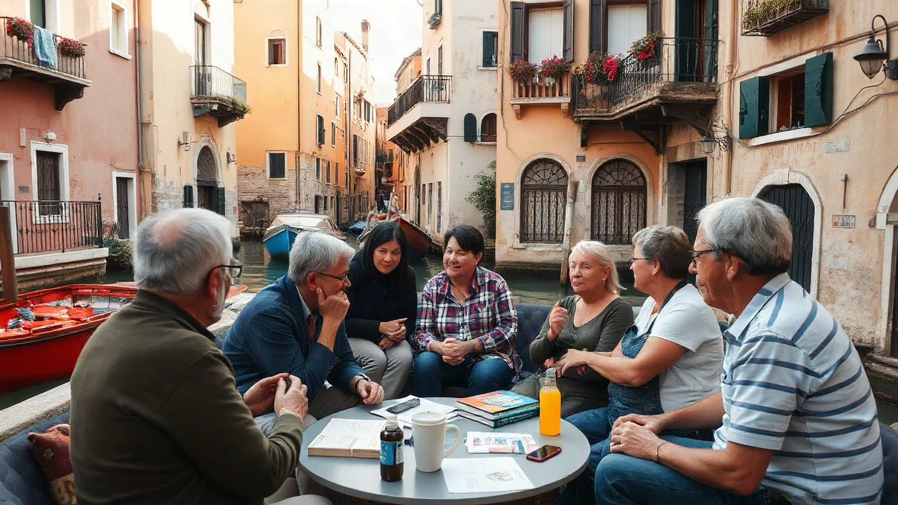 Editorial illustration of a community workshop in Venice, evoking local engagement in climate resilience planning.