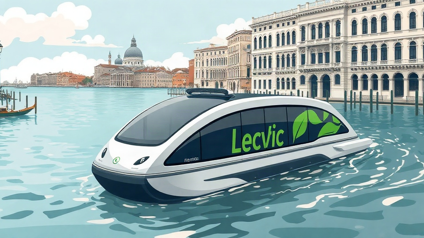 Editorial illustration of an electric water bus in Venice evoking sustainability and innovation.