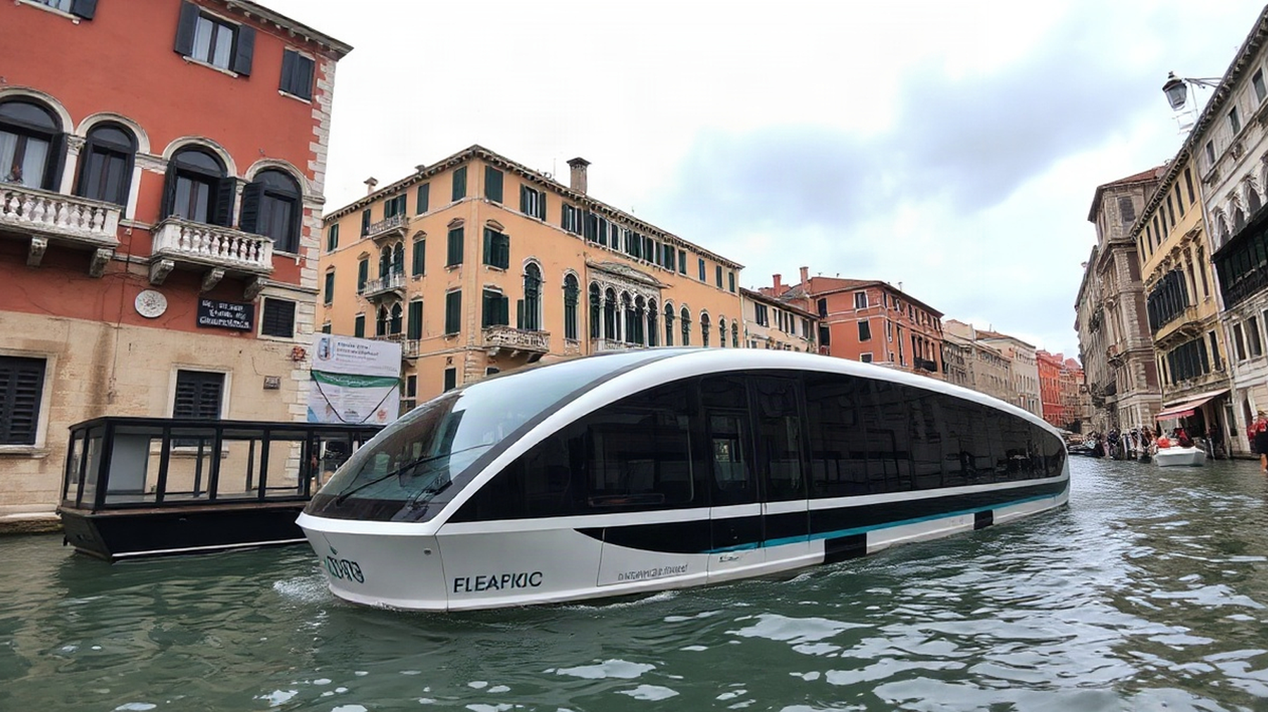 Editorial illustration of a modern electric waterbus in Venice, highlighting urban sustainability amidst historical architecture.