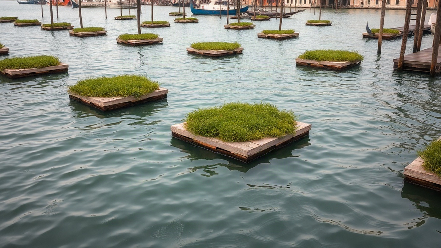 Editorial illustration of Venice's floating forest, evoking the blend of art and ecology.
