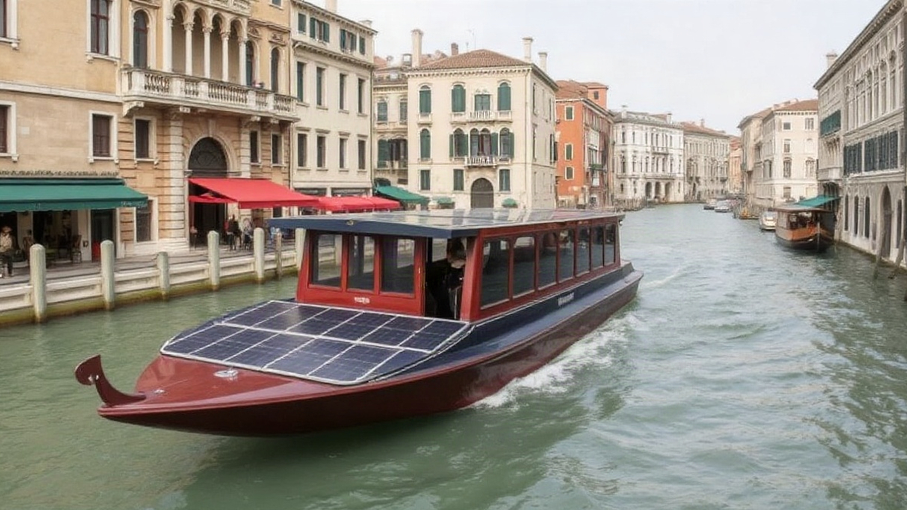 Editorial illustration of a solar-powered vaporetto in Venice, evoking modern sustainability amidst historic waterways.