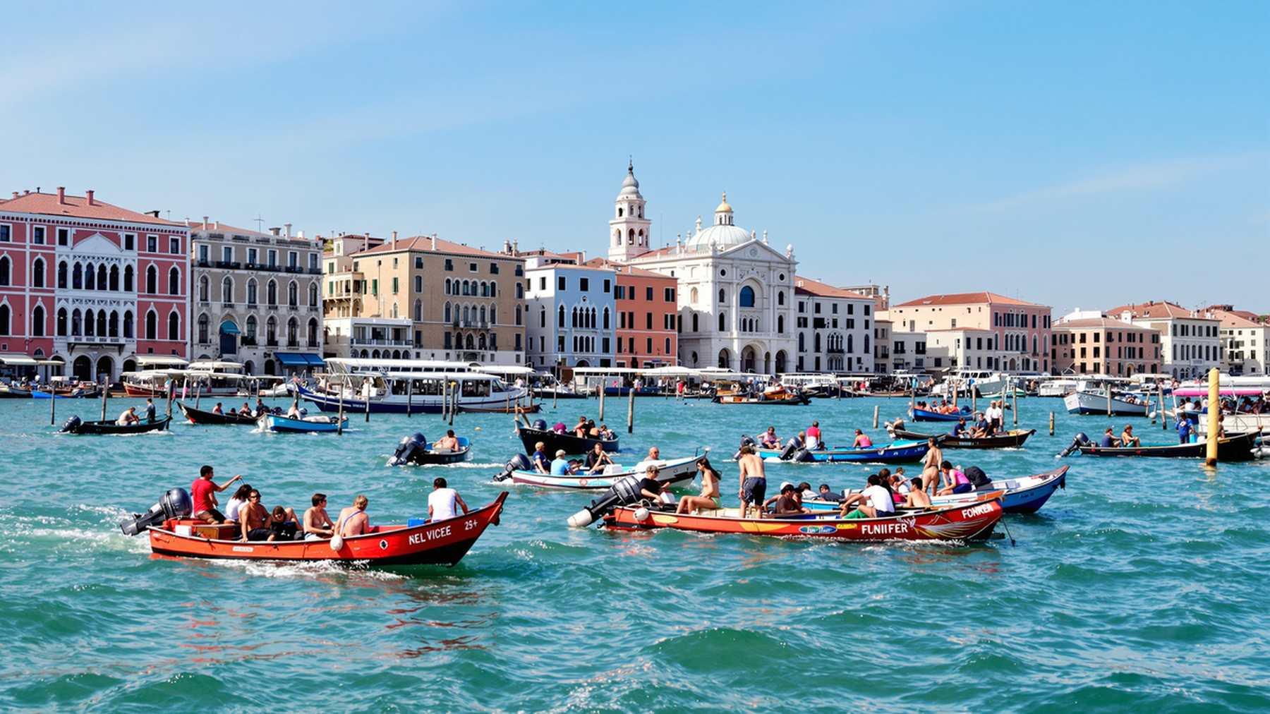 Editorial illustration of the Venetian lagoon with boats navigating, evoking daily life in historic Venice.