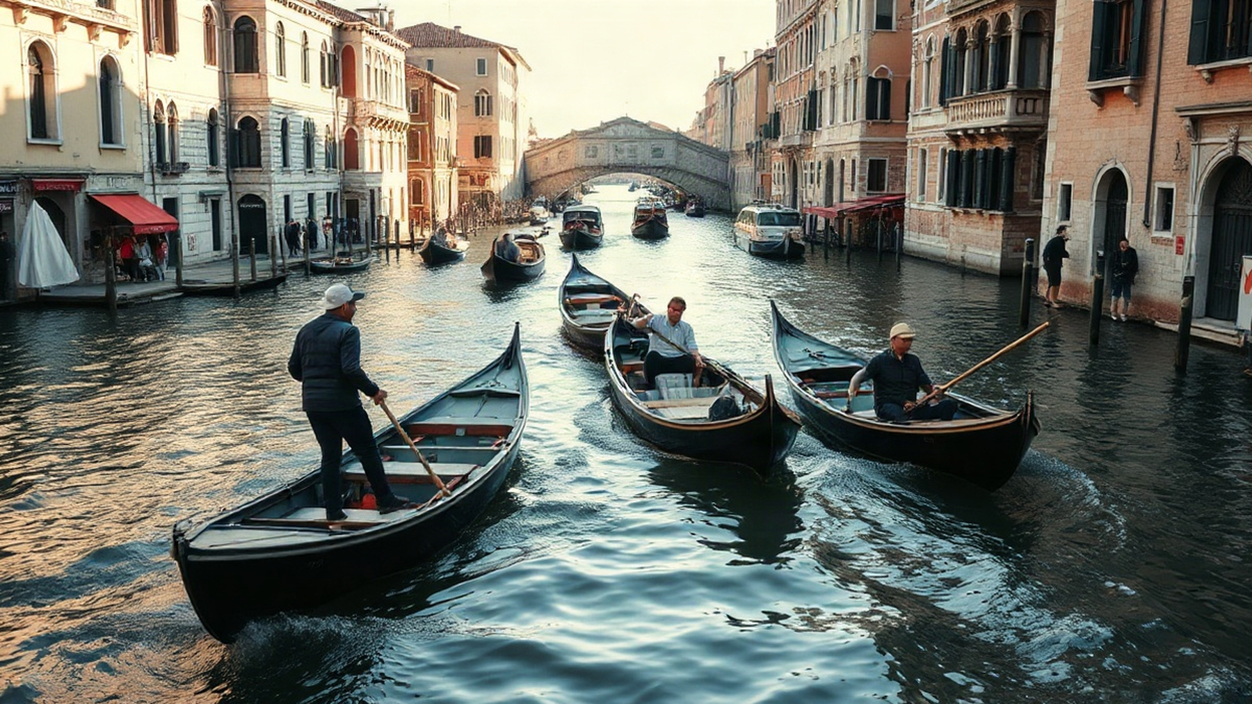 Editorial illustration of Venice's canals with traditional boats, evoking the balance of daily life and tourism management.