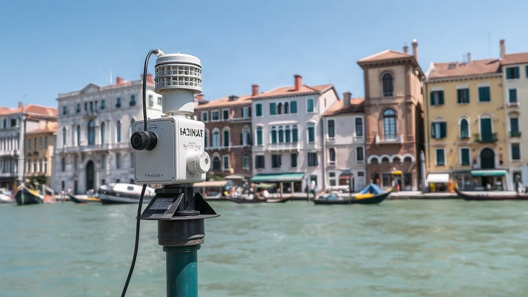 Editorial illustration of tide monitoring equipment in Venice, capturing the blend of technology and historic architecture.