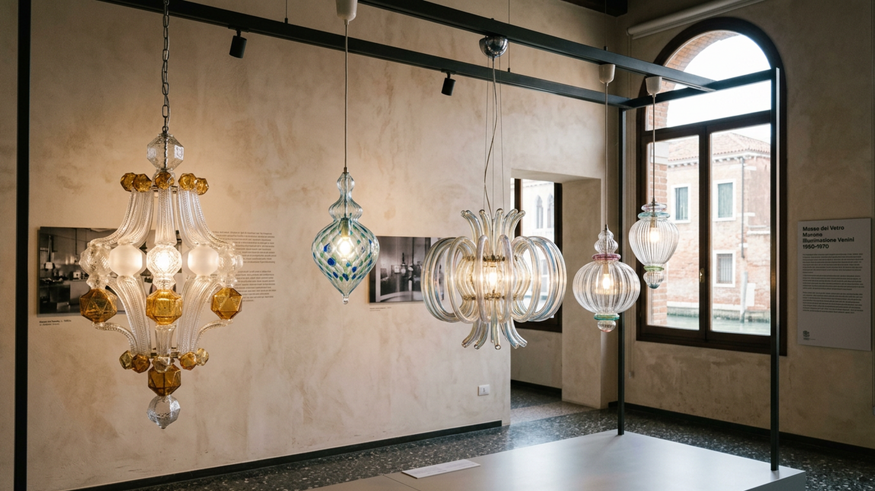 Editorial photograph of mid-century modern Venini glass lighting fixtures in a museum display, evoking the innovative spirit of Murano design.